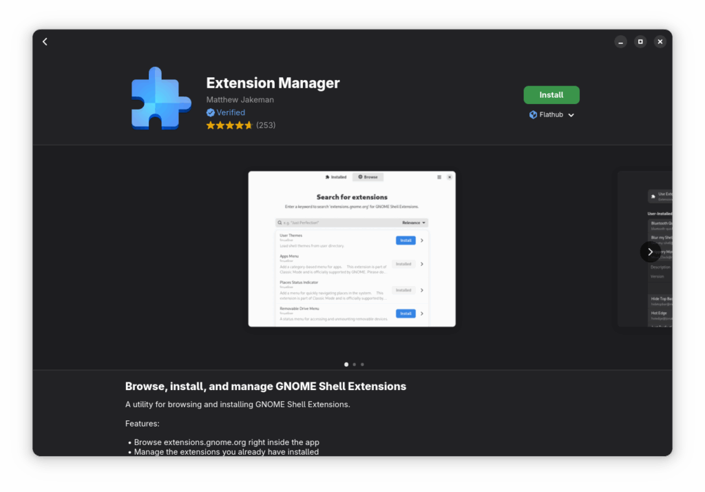 Okno sklepu z oprogramowaniem pokazującym aplikację Extension Manager stworzoną przez Matthew Jakemana. Logotyp jest w dwóch kolorach w stylu szachownicy 2x2: raz niebieski, raz jasnoniebieski.