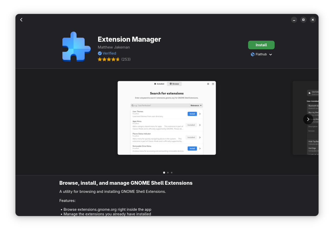 Okno sklepu z oprogramowaniem pokazującym aplikację Extension Manager stworzoną przez Matthew Jakemana. Logotyp jest w dwóch kolorach w stylu szachownicy 2x2: raz niebieski, raz jasnoniebieski.
