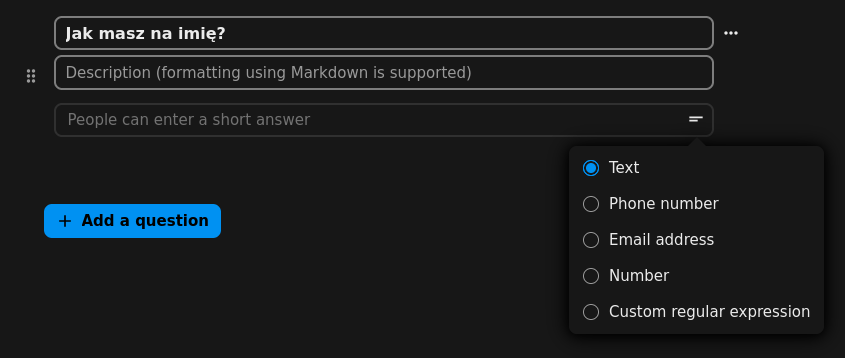 Możliwość wybrania pięciu rodzajów danych: tekst, numer telefonu, adres e-mail, dane liczbowe, a także własny regex.
