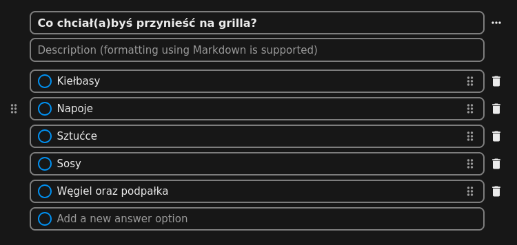 Pytanie wraz z odpowiedziami zdefiniowanymi w powyższym zrzucie ekranu