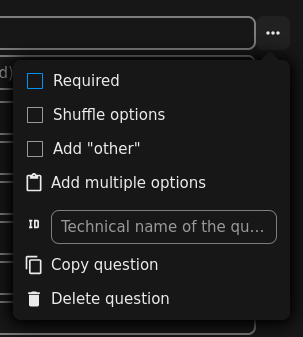 Opcje pytania: czy jest wymagane, czy odpowiedzi mają być podane losowo, czy respondent może udzielić innej odpowiedzi, możliwość dodania wielu odpowiedzi na raz, "techniczna nazwa pytania", oraz opcja skopiowania czy usunięcia pytania