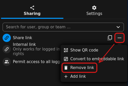 Opcja usunięcia linku do formularza, zaznaczona na czerwono
