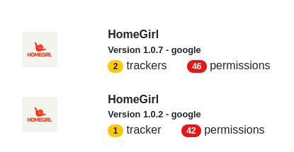 Historia zbadanych wersji -- wersja 1.0.7 zgłasza się z 2 skryptami śledzącymi oraz 46 wymaganymi uprawnieniami, kiedy wersja 1.0.2 posiadała tylko jeden skrypt śledzący i wymagała zaledwie 42 uprawnienia.
