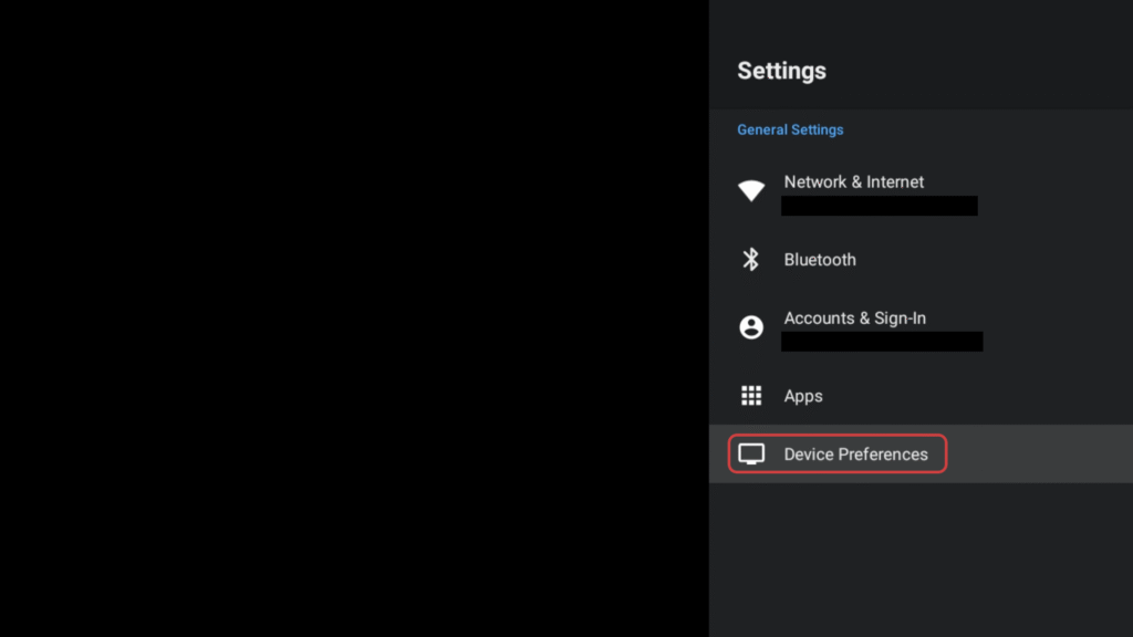 Ustawienia główne. Zaznaczona jest pozycja „Device Preferences” (mniej więcej: „preferencje urządzenia”).