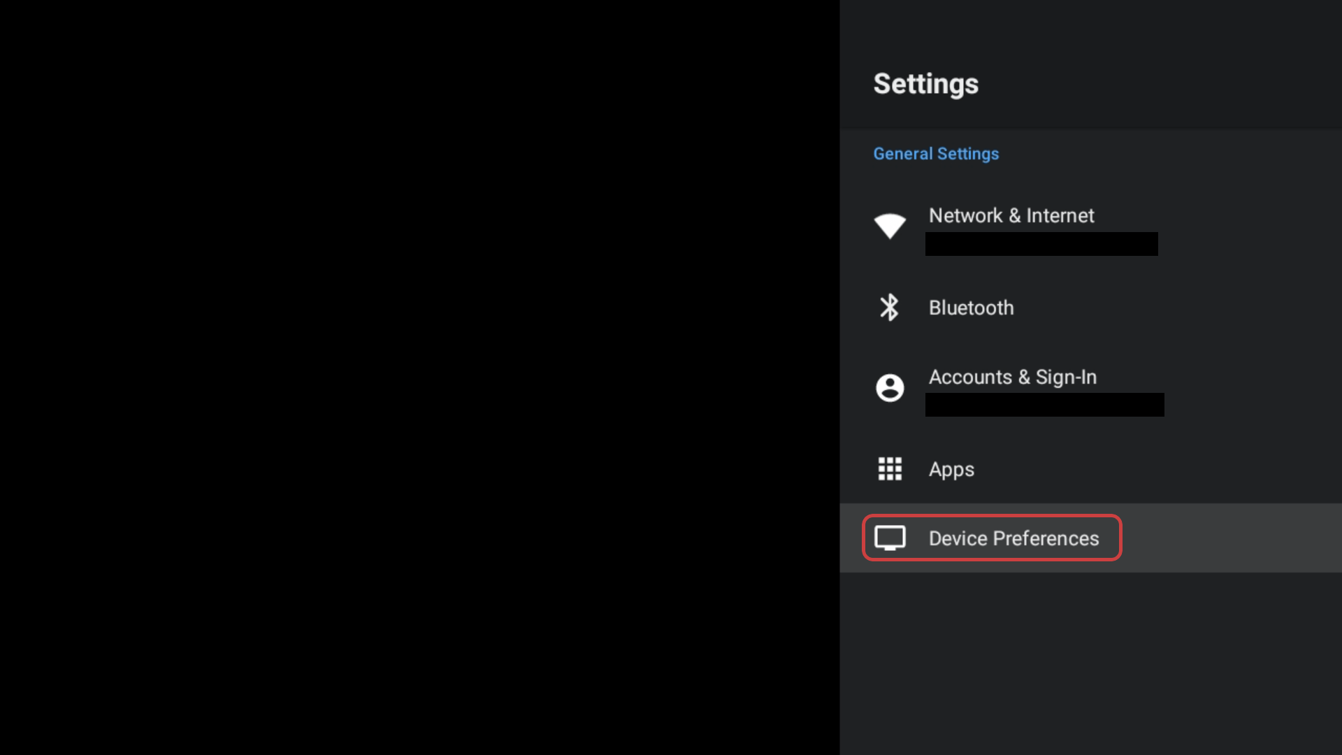 Ustawienia główne. Zaznaczona jest pozycja „Device Preferences” (mniej więcej: „preferencje urządzenia”).