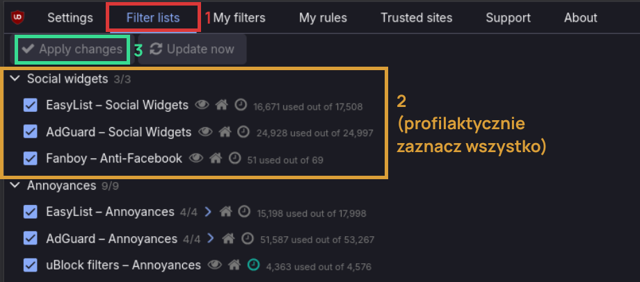 Zdjęcie przedstawia w trzech krokach włączenie list filtrów do zablokowania widżetów pochodzących z platform społecznościowych. Jest także osobna lista blokująca widżety konkretnie z Facebooka („Fanboy – Anti-Facebook”).