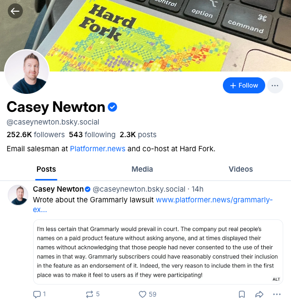 Zrzut ekranu z profilu Casey Newtona na Bluesky'u, gdzie Newton ma 252 tys. obserwujących, mimo to odnotowując relatywnie niewielkie zainteresowanie wpisami.