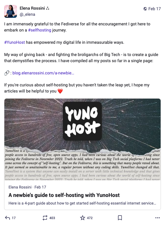 Zrzut ekranu z ostatniego wpisu, który pokazuje 403 podania dalej, 472 polubienia oraz 17 odpowiedzi